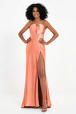 Straight Across Stretch Satin Sheath Formal Evening Dresses with Slit Long Prom Party Dress