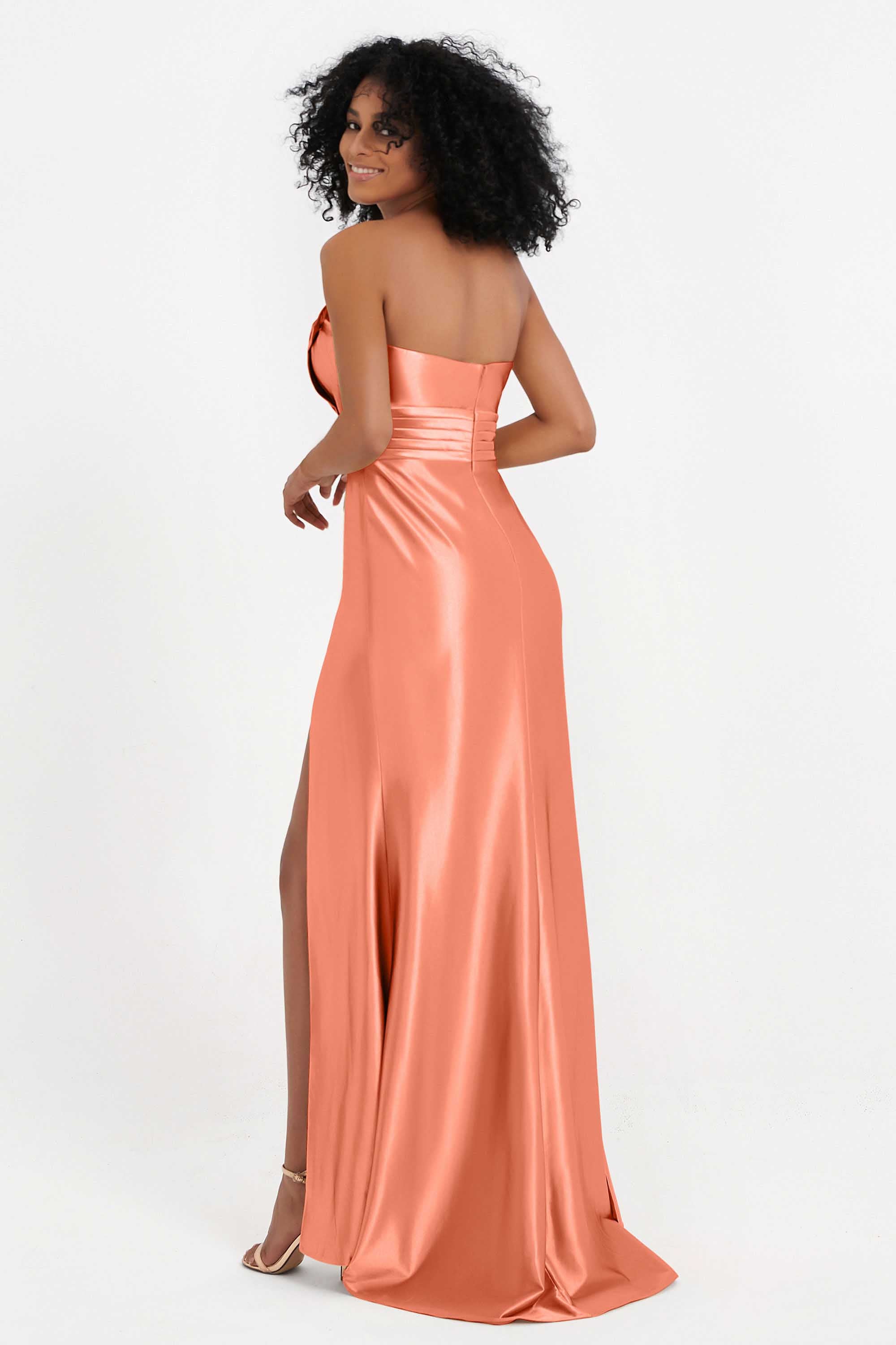 Straight Across Stretch Satin Sheath Formal Evening Dresses with Slit Long Prom Party Dress