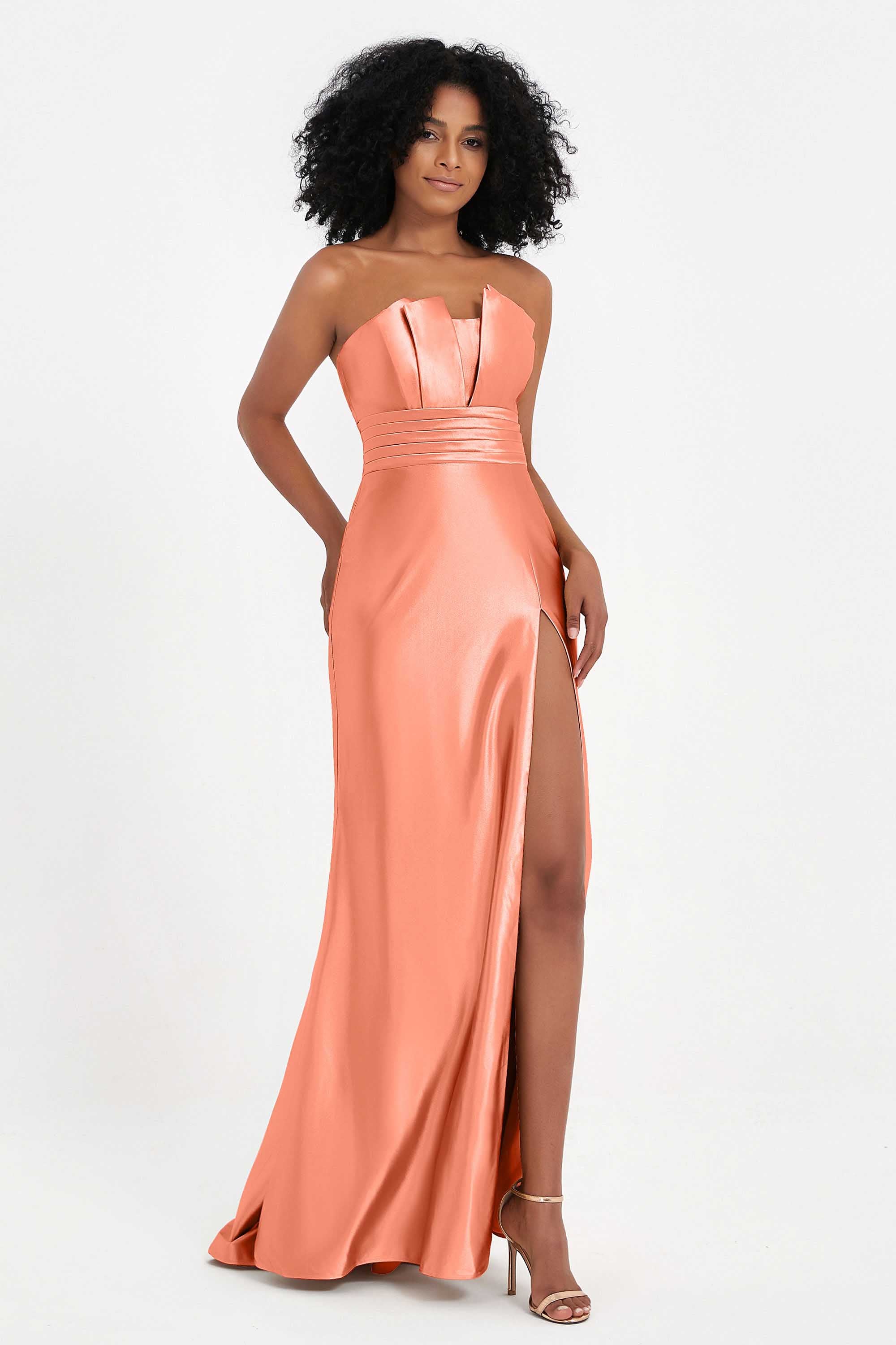 Straight Across Stretch Satin Sheath Formal Evening Dresses with Slit Long Prom Party Dress