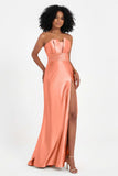 Straight Across Stretch Satin Sheath Formal Evening Dresses with Slit Long Prom Party Dress