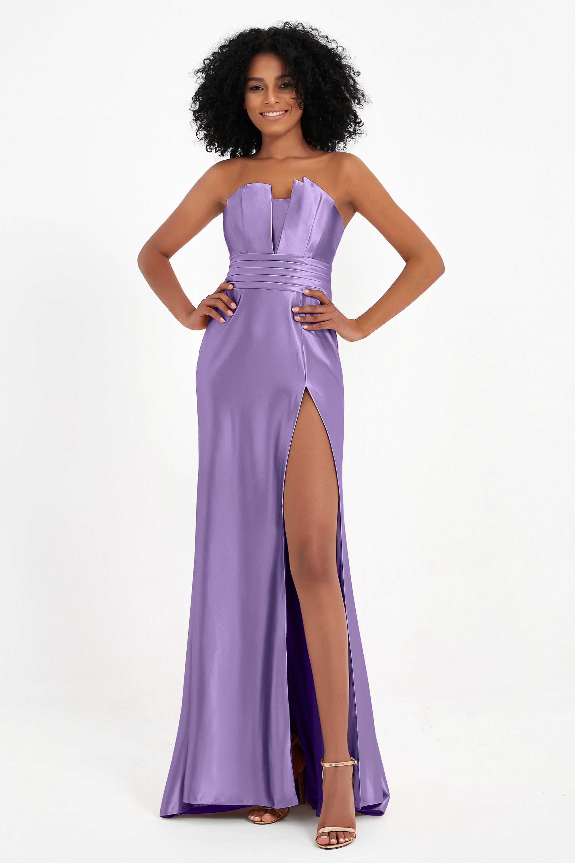 Straight Across Stretch Satin Sheath Formal Evening Dresses with Slit Long Prom Party Dress