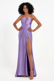 Straight Across Stretch Satin Sheath Formal Evening Dresses with Slit Long Prom Party Dress