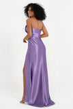Straight Across Stretch Satin Sheath Formal Evening Dresses with Slit Long Prom Party Dress