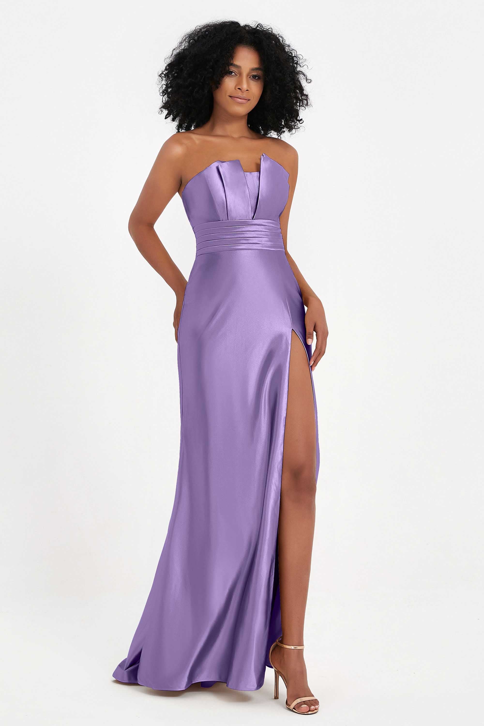 Straight Across Stretch Satin Sheath Formal Evening Dresses with Slit Long Prom Party Dress