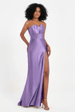 Straight Across Stretch Satin Sheath Formal Evening Dresses with Slit Long Prom Party Dress
