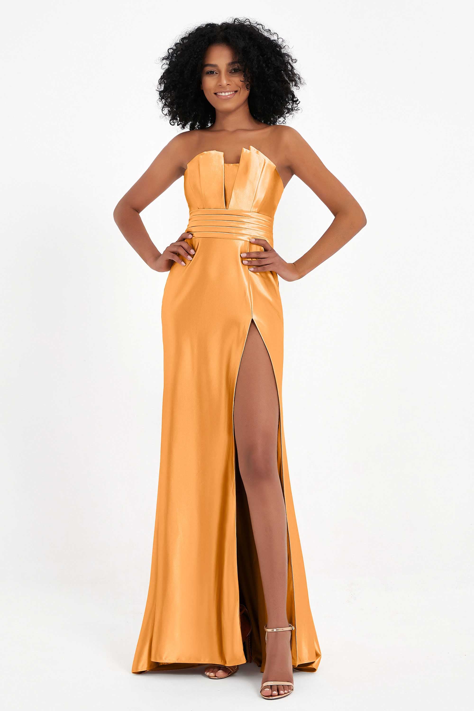 Straight Across Stretch Satin Sheath Formal Evening Dresses with Slit Long Prom Party Dress
