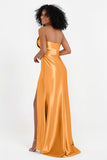 Straight Across Stretch Satin Sheath Formal Evening Dresses with Slit Long Prom Party Dress