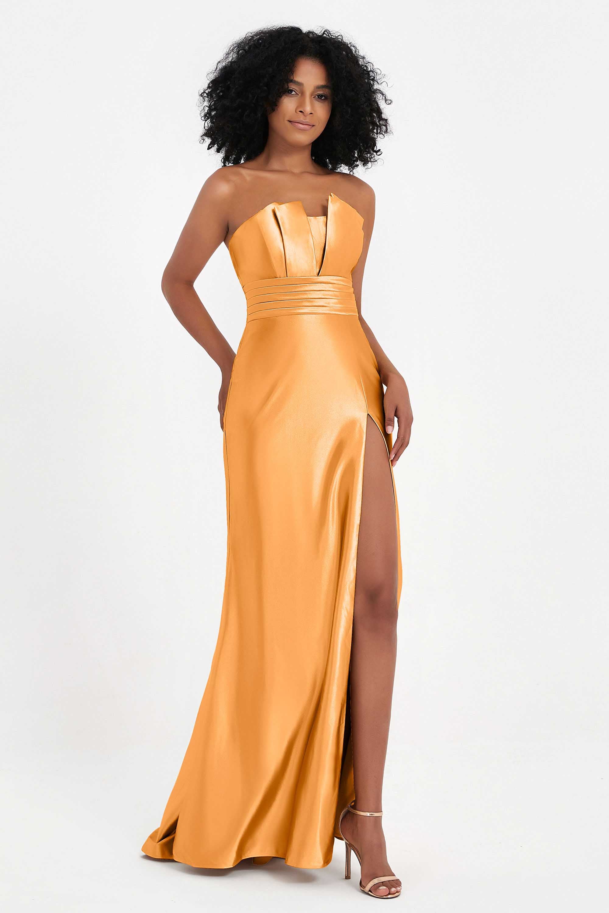 Straight Across Stretch Satin Sheath Formal Evening Dresses with Slit Long Prom Party Dress