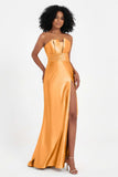 Straight Across Stretch Satin Sheath Formal Evening Dresses with Slit Long Prom Party Dress