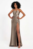 Straight Across Stretch Satin Sheath Formal Evening Dresses with Slit Long Prom Party Dress