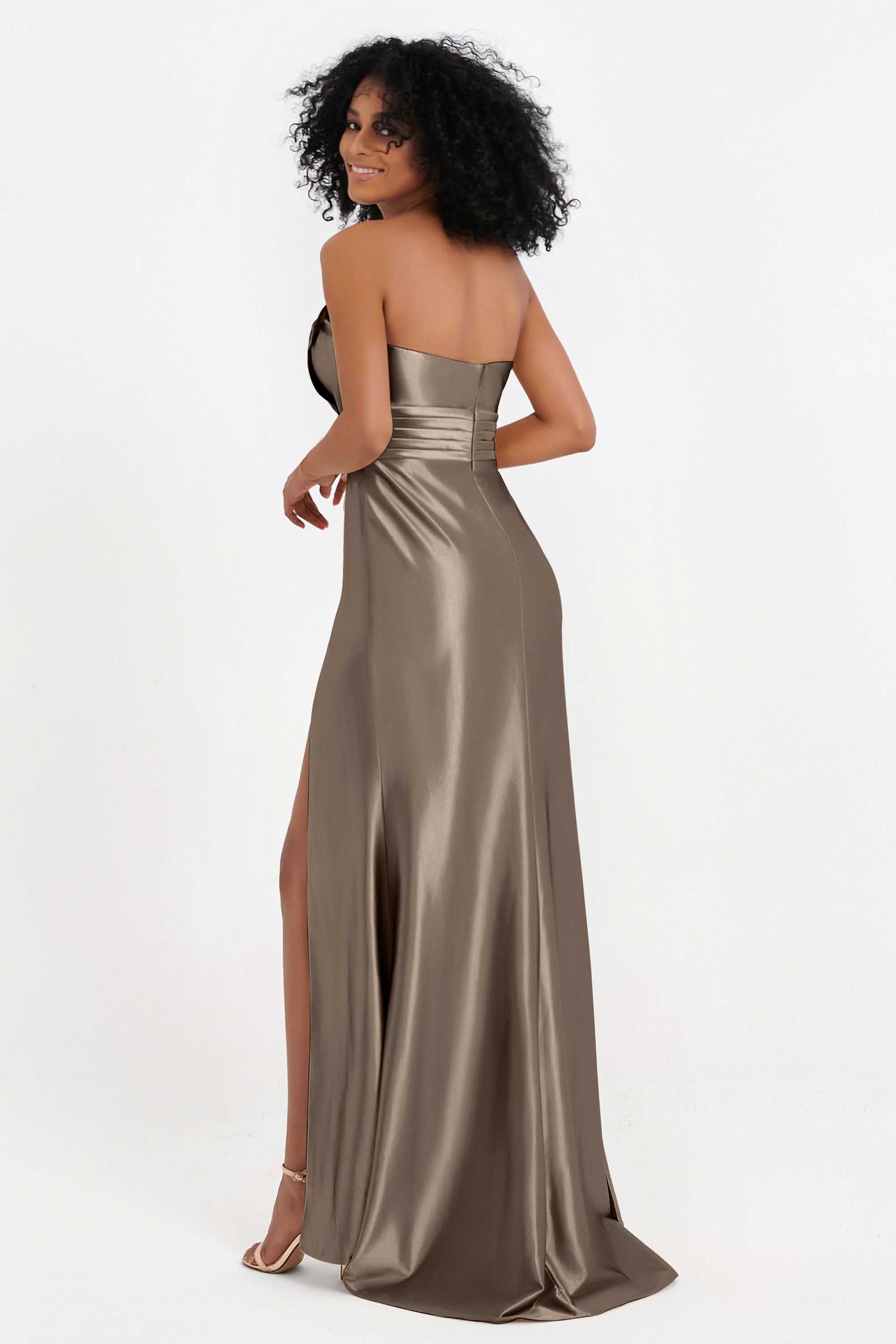 Straight Across Stretch Satin Sheath Formal Evening Dresses with Slit Long Prom Party Dress