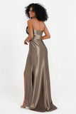Straight Across Stretch Satin Sheath Formal Evening Dresses with Slit Long Prom Party Dress