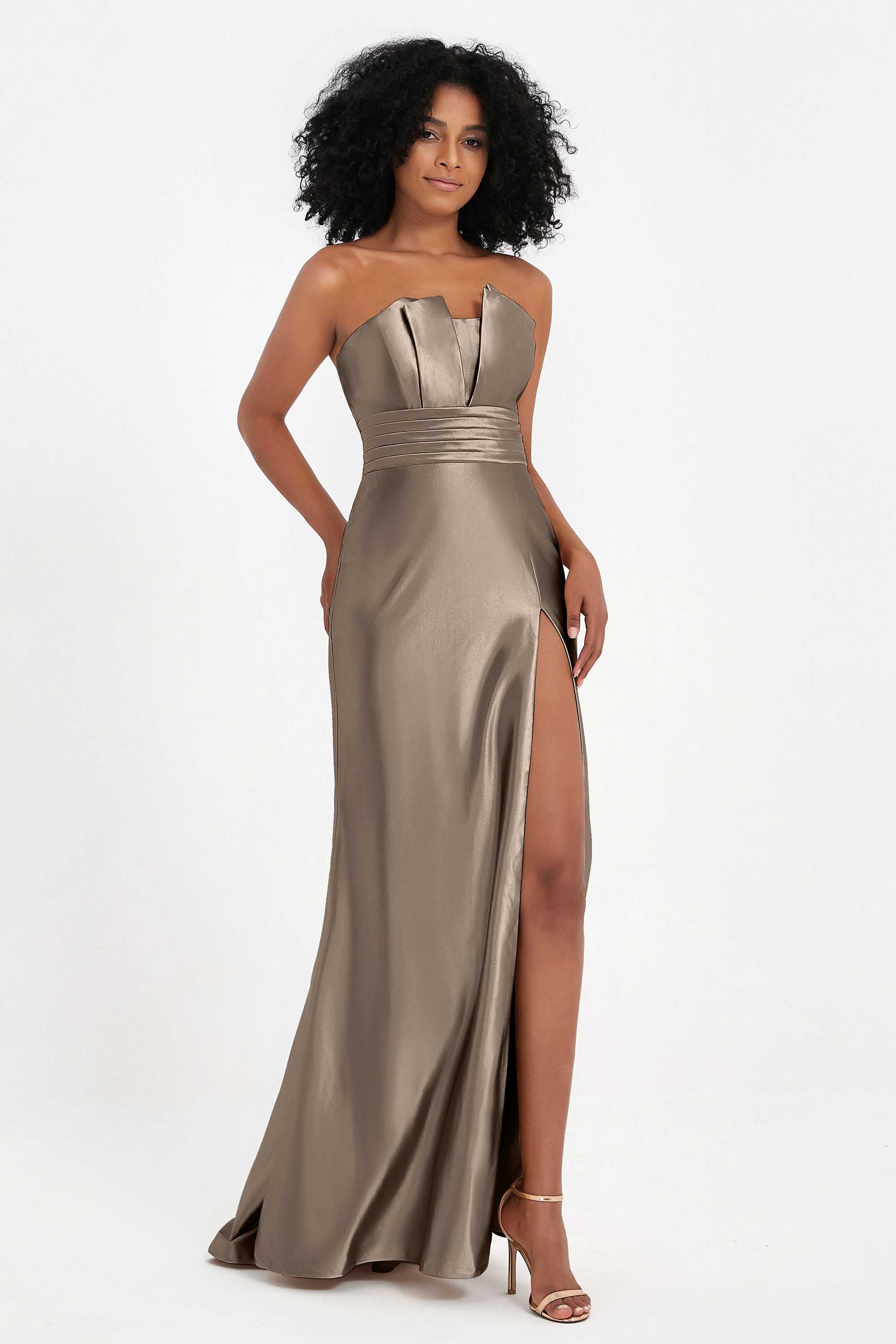 Straight Across Stretch Satin Sheath Formal Evening Dresses with Slit Long Prom Party Dress