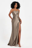 Straight Across Stretch Satin Sheath Formal Evening Dresses with Slit Long Prom Party Dress