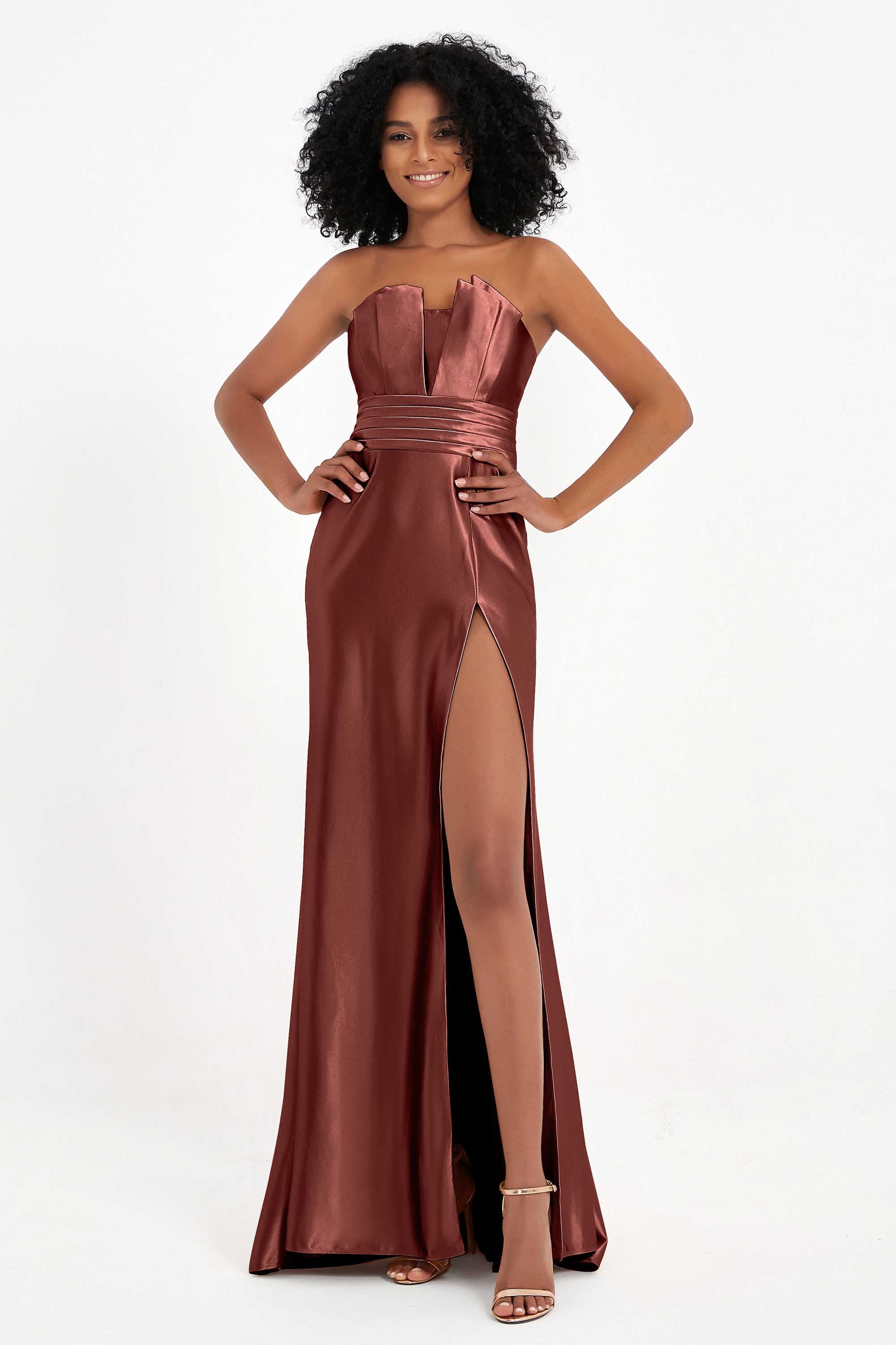 Straight Across Stretch Satin Sheath Formal Evening Dresses with Slit Long Prom Party Dress