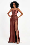 Straight Across Stretch Satin Sheath Formal Evening Dresses with Slit Long Prom Party Dress