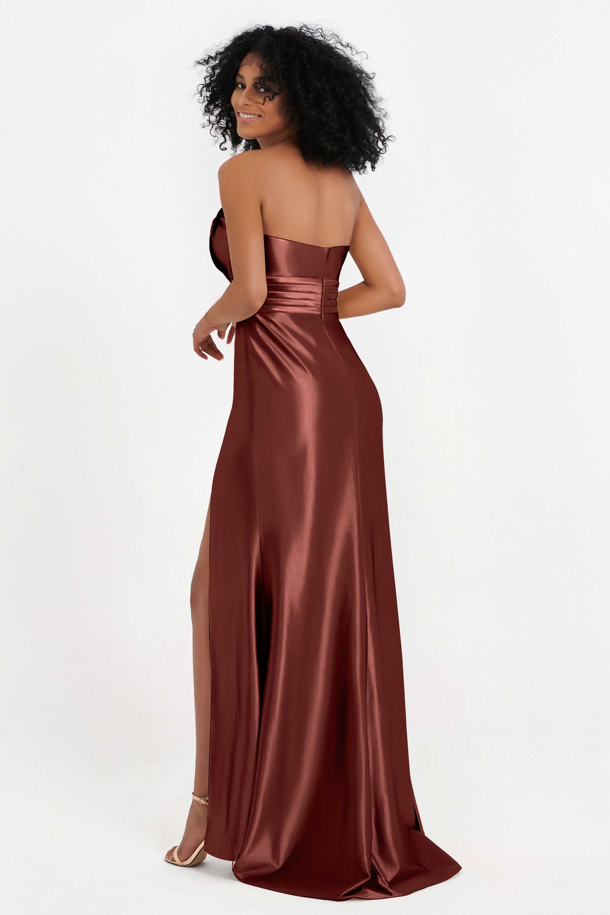 Straight Across Stretch Satin Sheath Formal Evening Dresses with Slit Long Prom Party Dress