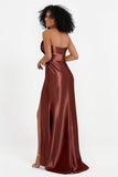 Straight Across Stretch Satin Sheath Formal Evening Dresses with Slit Long Prom Party Dress