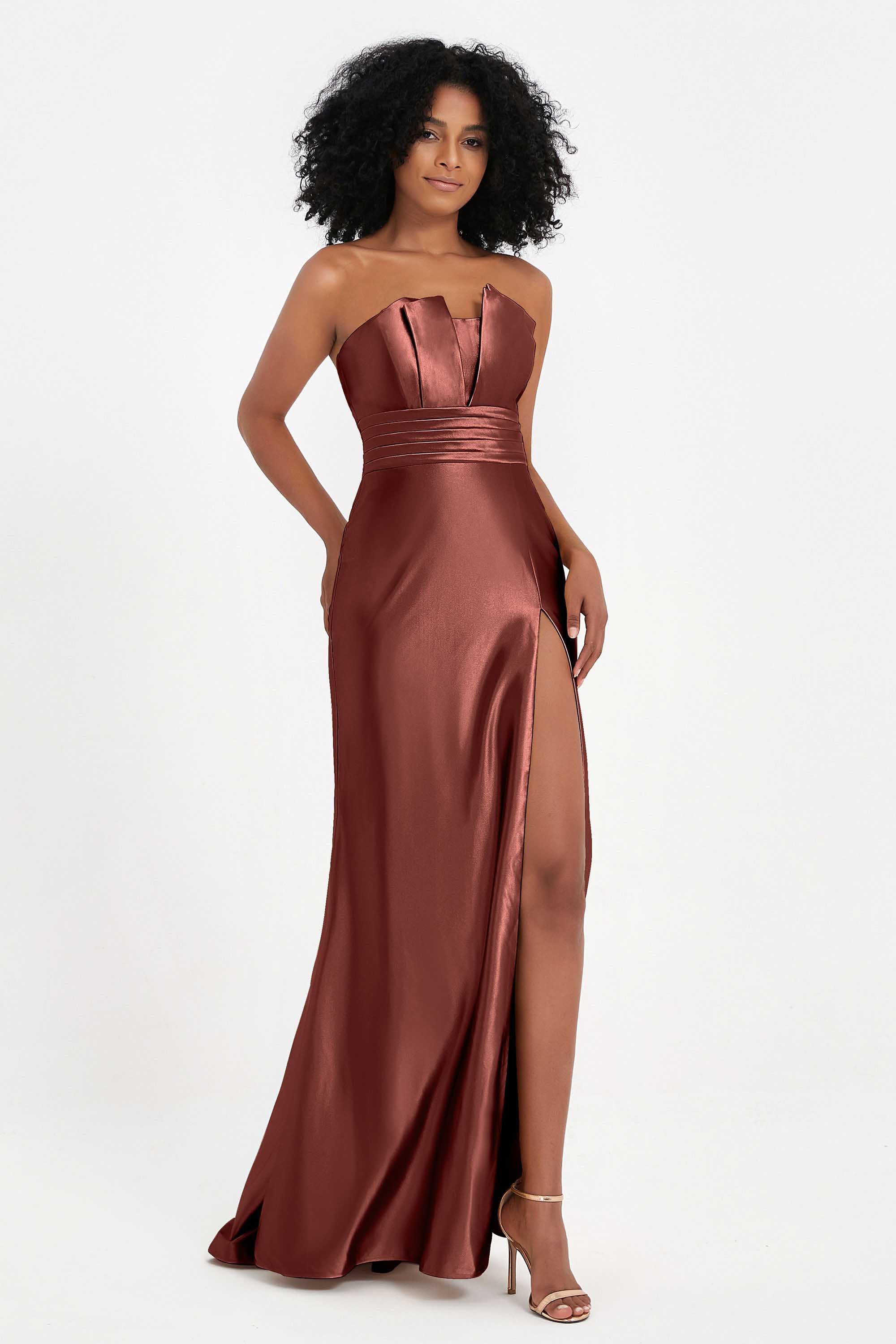 Straight Across Stretch Satin Sheath Formal Evening Dresses with Slit Long Prom Party Dress