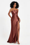 Straight Across Stretch Satin Sheath Formal Evening Dresses with Slit Long Prom Party Dress