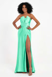 Straight Across Stretch Satin Sheath Formal Evening Dresses with Slit Long Prom Party Dress