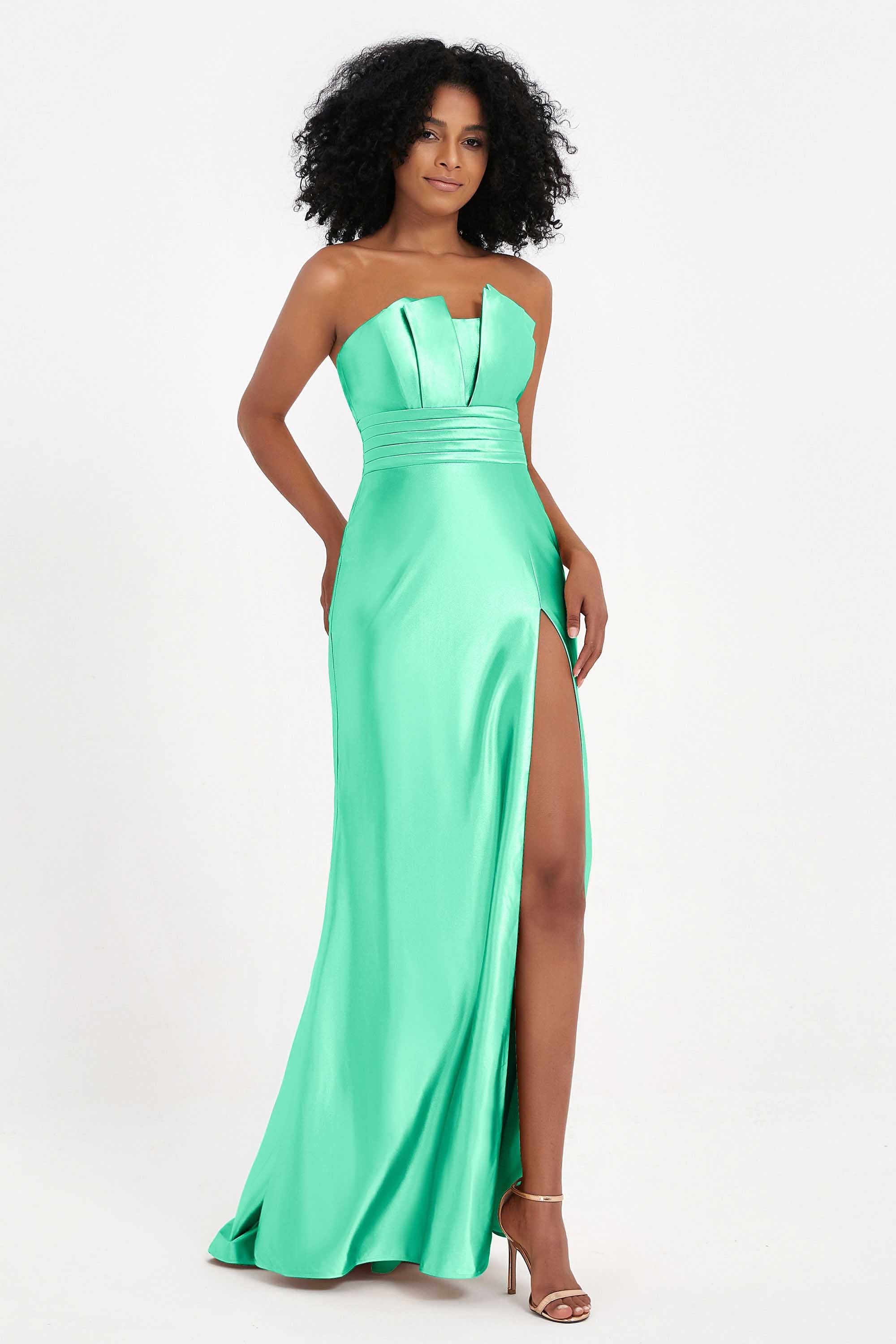 Straight Across Stretch Satin Sheath Formal Evening Dresses with Slit Long Prom Party Dress