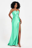 Straight Across Stretch Satin Sheath Formal Evening Dresses with Slit Long Prom Party Dress