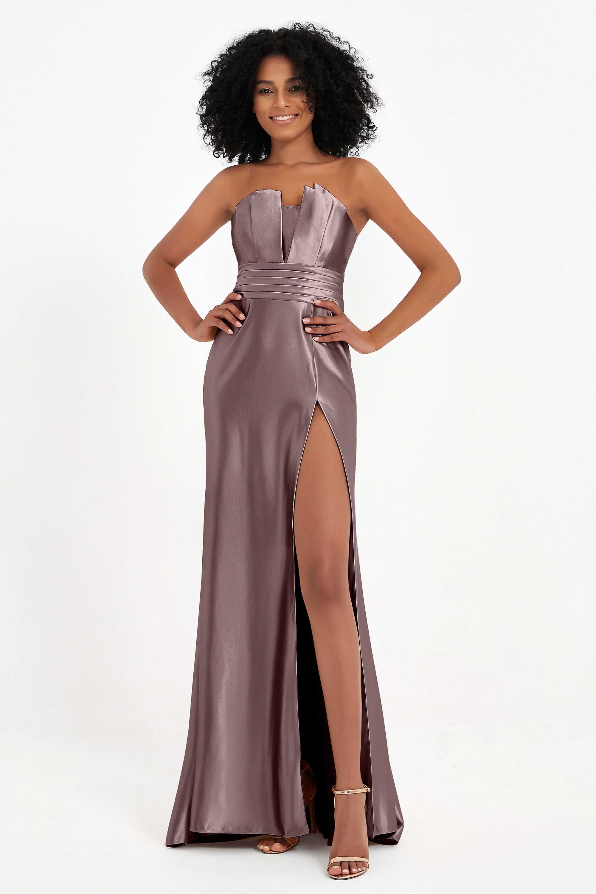 Straight Across Stretch Satin Sheath Formal Evening Dresses with Slit Long Prom Party Dress