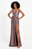 Straight Across Stretch Satin Sheath Formal Evening Dresses with Slit Long Prom Party Dress