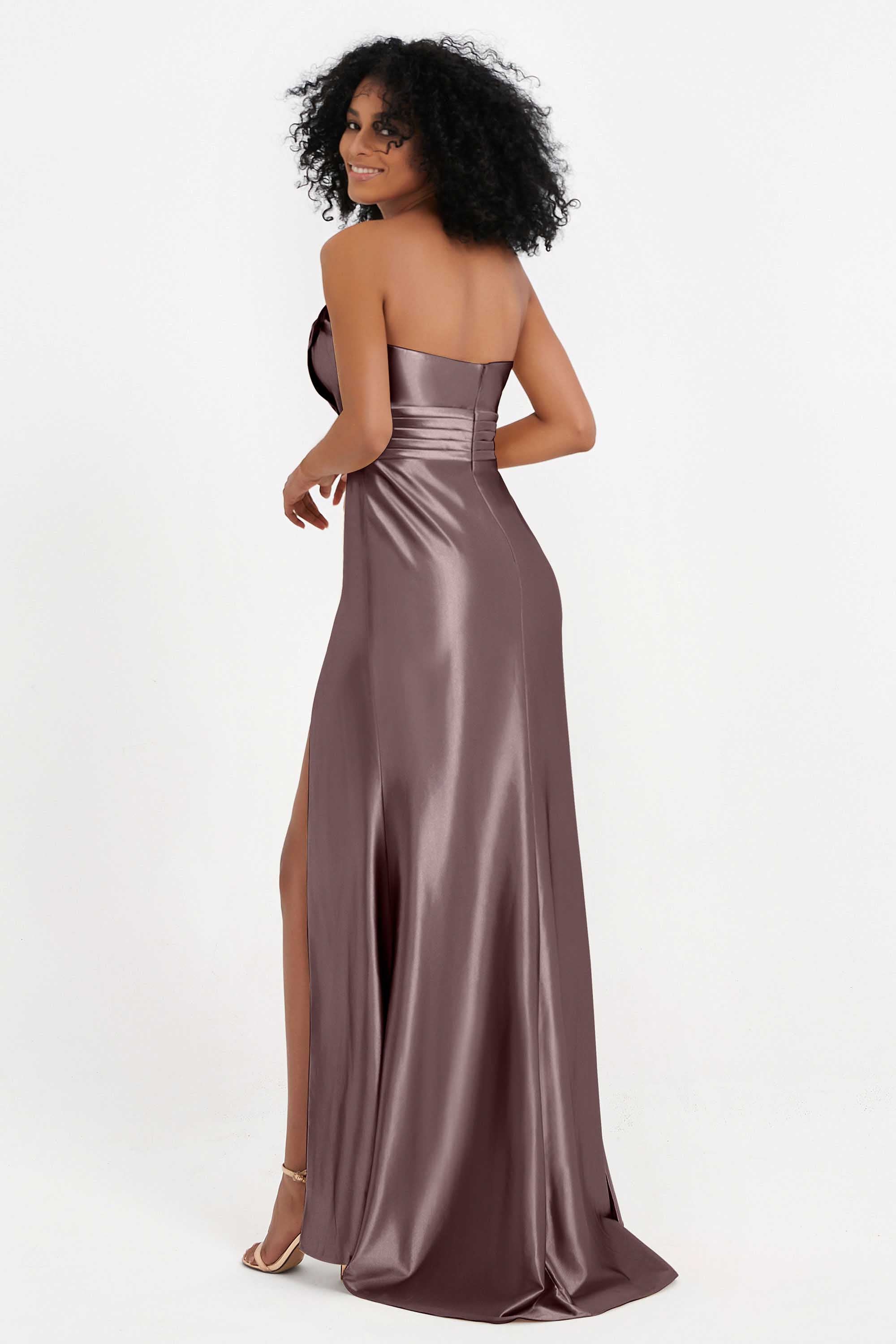 Straight Across Stretch Satin Sheath Formal Evening Dresses with Slit Long Prom Party Dress