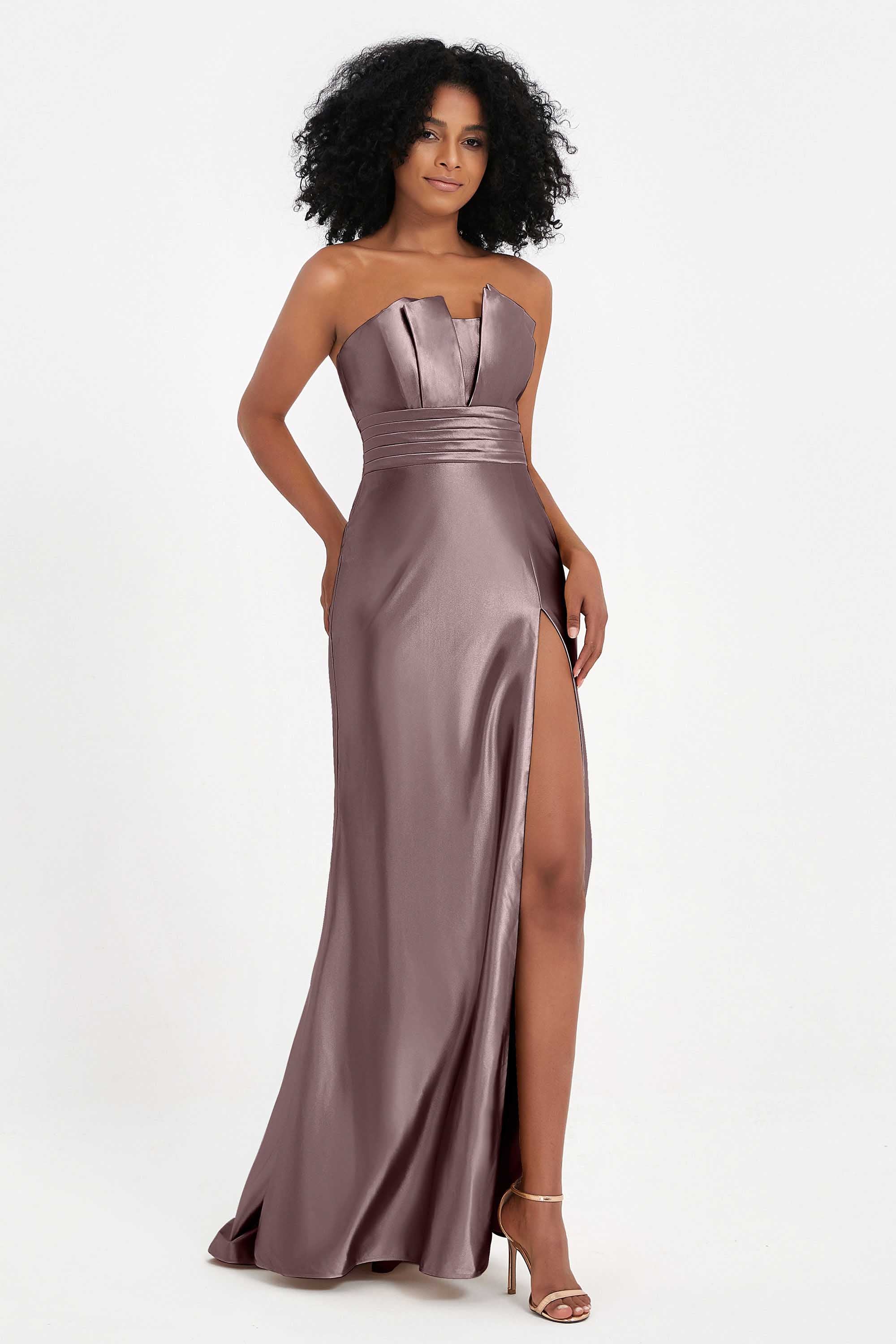 Straight Across Stretch Satin Sheath Formal Evening Dresses with Slit Long Prom Party Dress