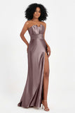 Straight Across Stretch Satin Sheath Formal Evening Dresses with Slit Long Prom Party Dress