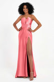 Straight Across Stretch Satin Sheath Formal Evening Dresses with Slit Long Prom Party Dress