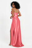 Straight Across Stretch Satin Sheath Formal Evening Dresses with Slit Long Prom Party Dress