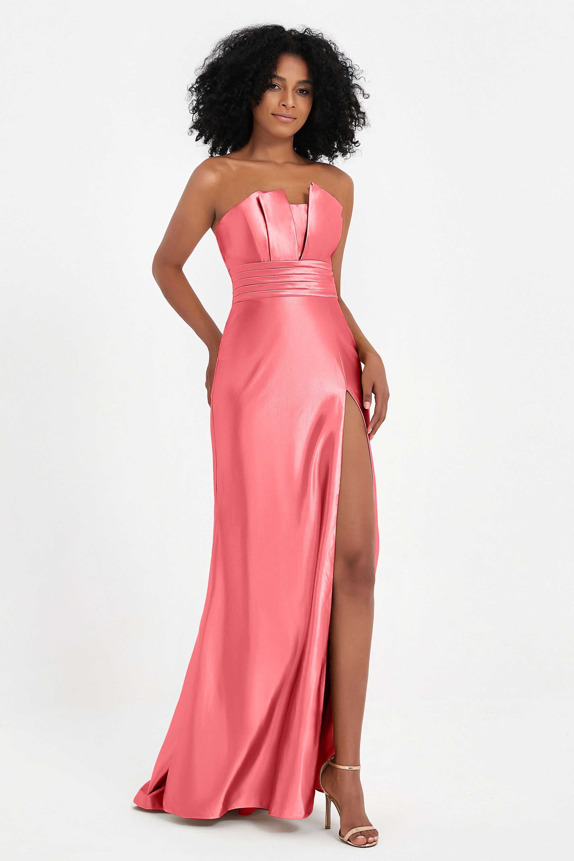 Straight Across Stretch Satin Sheath Formal Evening Dresses with Slit Long Prom Party Dress