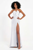 Straight Across Stretch Satin Sheath Formal Evening Dresses with Slit Long Prom Party Dress
