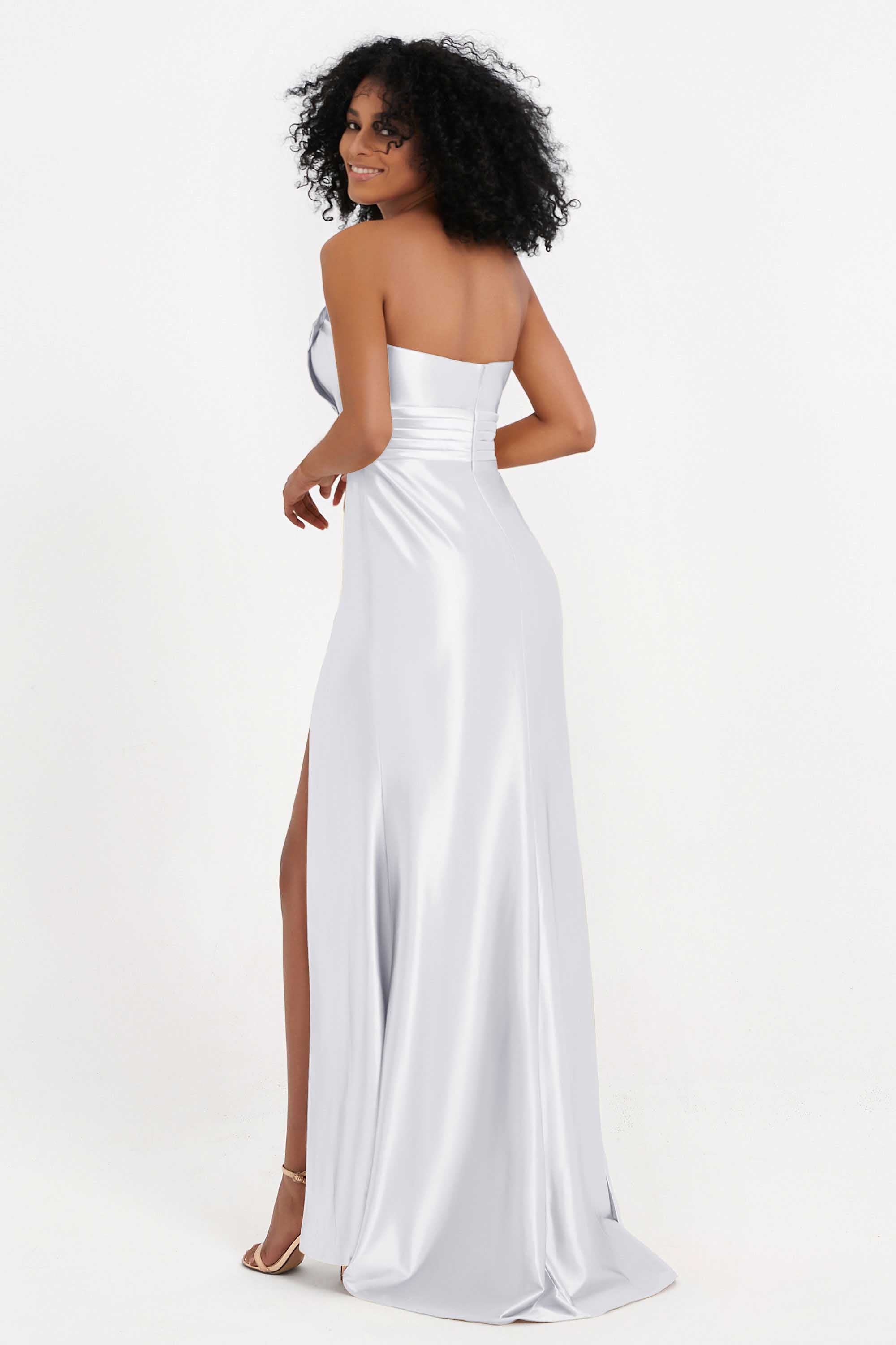 Straight Across Stretch Satin Sheath Formal Evening Dresses with Slit Long Prom Party Dress