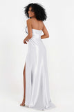 Straight Across Stretch Satin Sheath Formal Evening Dresses with Slit Long Prom Party Dress
