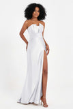 Straight Across Stretch Satin Sheath Formal Evening Dresses with Slit Long Prom Party Dress