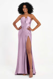 Straight Across Stretch Satin Sheath Formal Evening Dresses with Slit Long Prom Party Dress