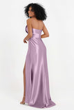 Straight Across Stretch Satin Sheath Formal Evening Dresses with Slit Long Prom Party Dress