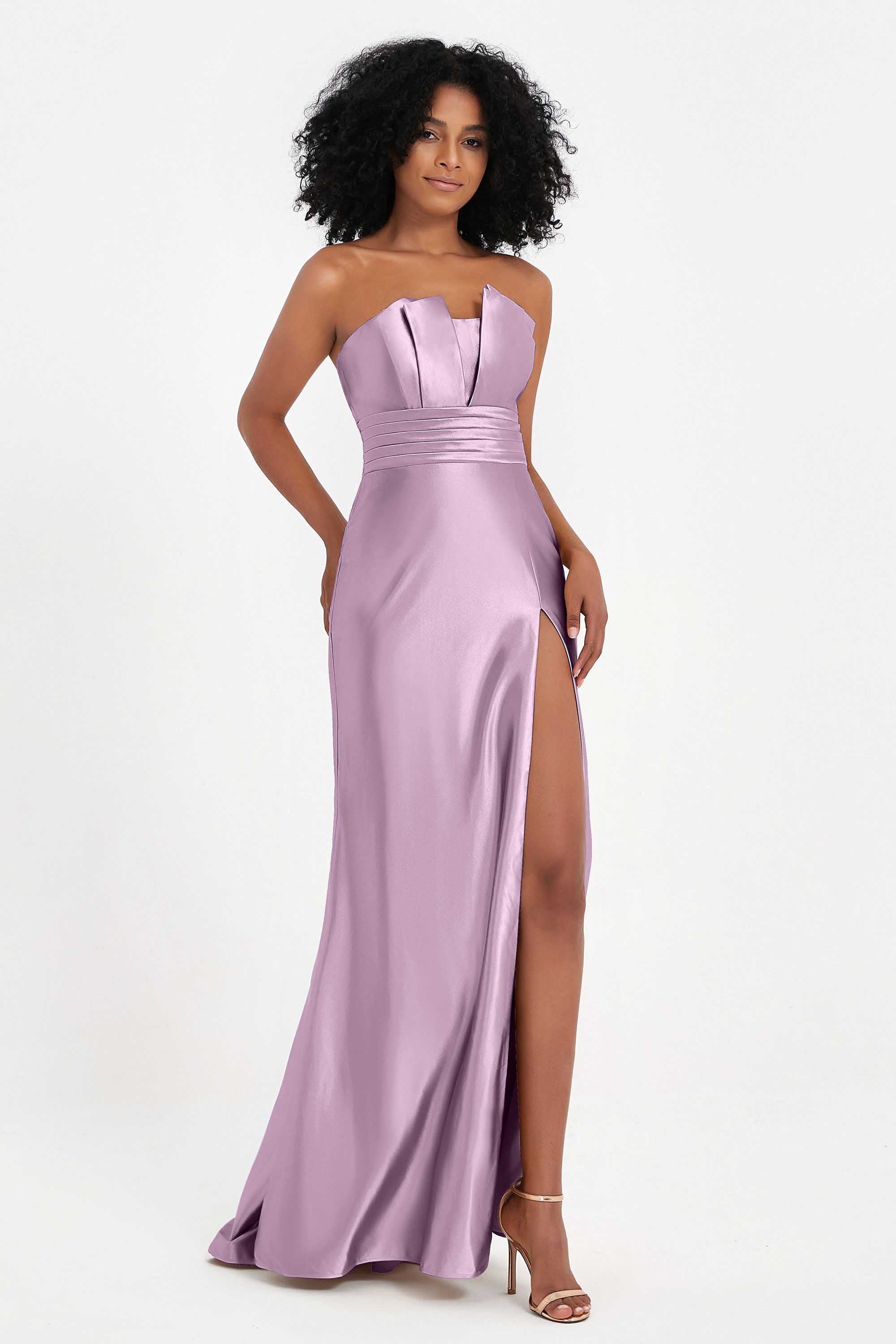 Straight Across Stretch Satin Sheath Formal Evening Dresses with Slit Long Prom Party Dress