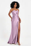 Straight Across Stretch Satin Sheath Formal Evening Dresses with Slit Long Prom Party Dress
