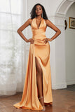 Halter Satin Sheath Sleeveless Long Formal Evening Dresses with Slit Prom Party Gowns