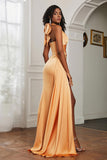 Halter Satin Sheath Sleeveless Long Formal Evening Dresses with Slit Prom Party Gowns
