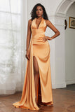 Halter Satin Sheath Sleeveless Long Formal Evening Dresses with Slit Prom Party Gowns
