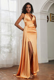 Halter Satin Sheath Sleeveless Long Formal Evening Dresses with Slit Prom Party Gowns