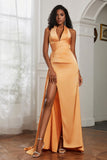 Halter Satin Sheath Sleeveless Long Formal Evening Dresses with Slit Prom Party Gowns