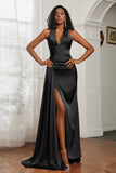 Halter Satin Sheath Sleeveless Long Formal Evening Dresses with Slit Prom Party Gowns