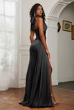 Halter Satin Sheath Sleeveless Long Formal Evening Dresses with Slit Prom Party Gowns